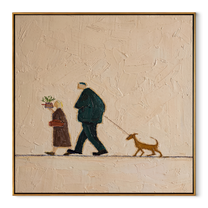 Three Share The Road – Walking Couple and Tan Dog painting by Hannah Brooks, minimalist figurative square wall art – wood frame on white background