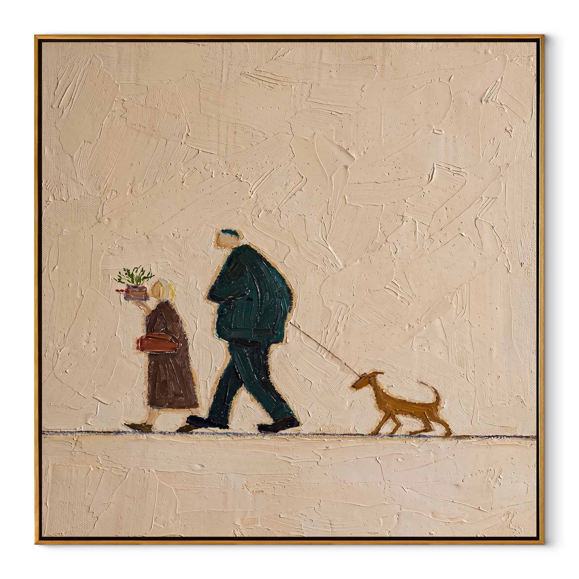 Three Share The Road – Walking Couple and Tan Dog painting by Hannah Brooks, minimalist figurative square wall art – wood frame on white background