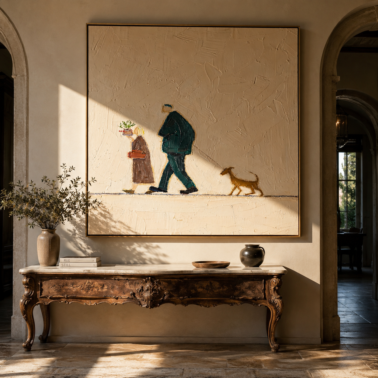Three Share The Road – Walking Couple and Tan Dog painting by Hannah Brooks, minimalist figurative square wall art – styled room scene view 2