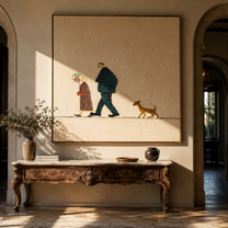 Three Share The Road – Walking Couple and Tan Dog painting by Hannah Brooks, minimalist figurative square wall art – styled room scene view 2