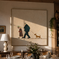 Three Share The Road – Walking Couple and Tan Dog painting by Hannah Brooks, minimalist figurative square wall art – styled room scene view 3