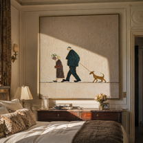 Three Share The Road – Walking Couple and Tan Dog painting by Hannah Brooks, minimalist figurative square wall art – styled room scene view 4