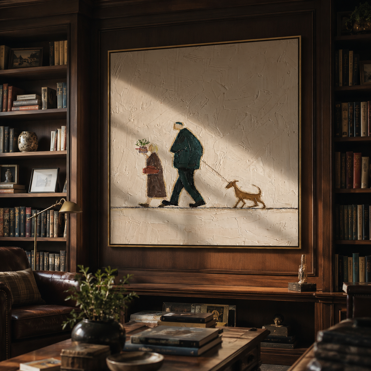 Three Share The Road – Walking Couple and Tan Dog painting by Hannah Brooks, minimalist figurative square wall art – styled room scene view 5