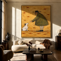 Leaves Fall Between – Olive Figure and White Dog painting by Hannah Brooks, minimalist figurative square wall art – styled room scene view 1