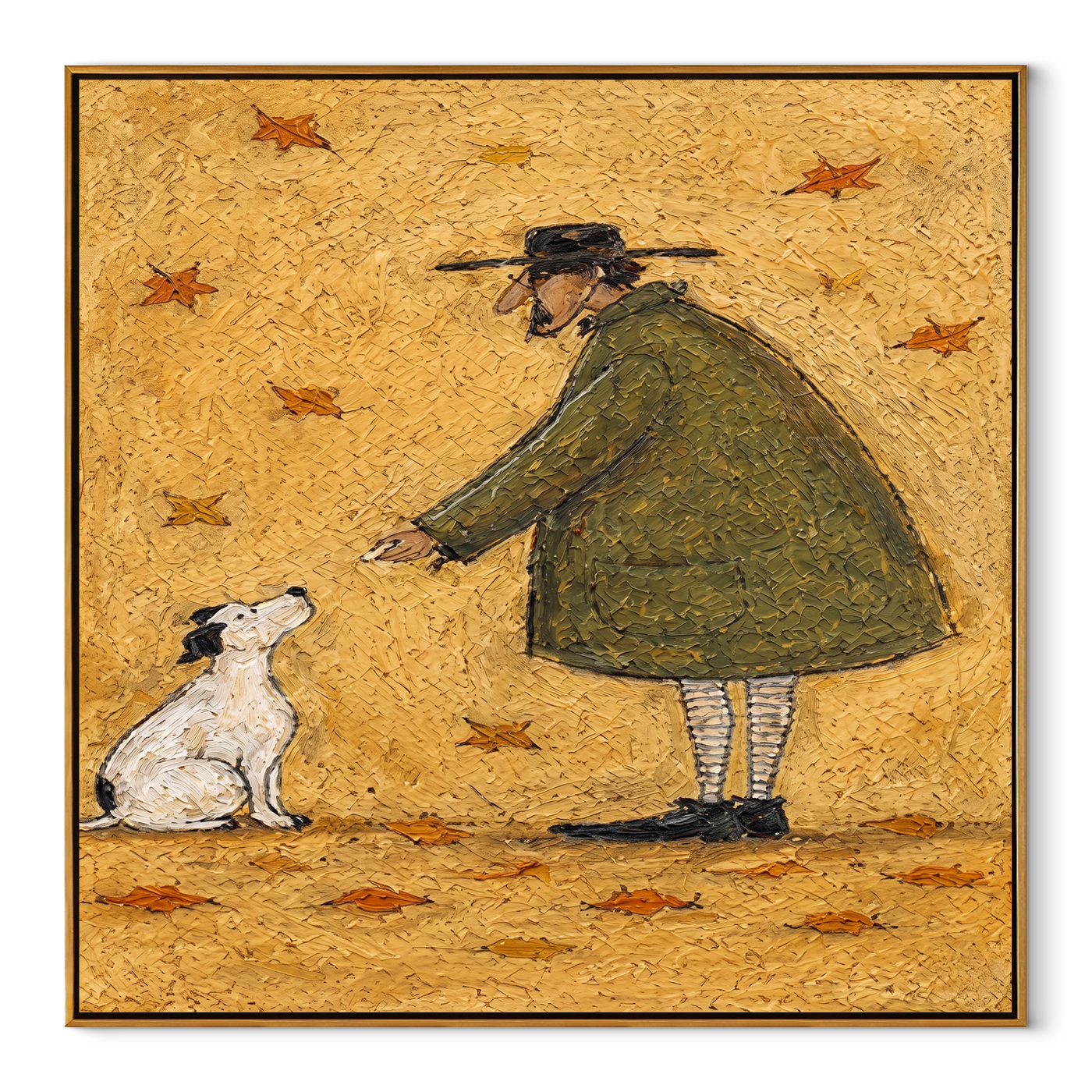 Leaves Fall Between – Olive Figure and White Dog painting by Hannah Brooks, minimalist figurative square wall art – wood frame on white background