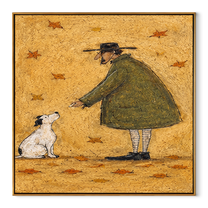 Leaves Fall Between – Olive Figure and White Dog painting by Hannah Brooks, minimalist figurative square wall art – wood frame on white background