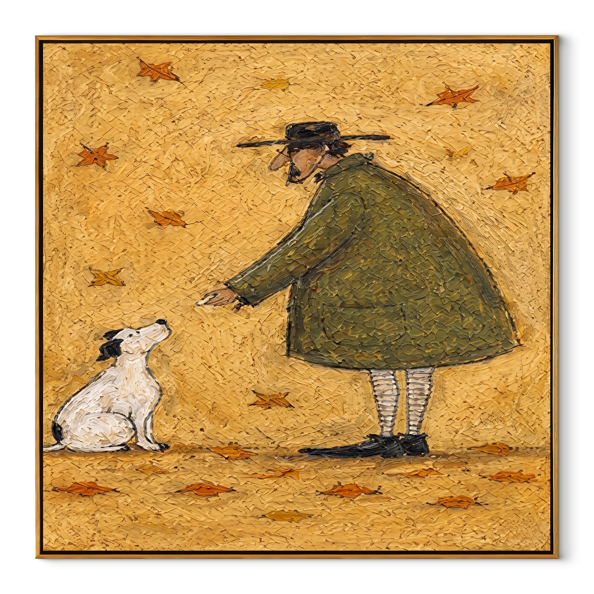 Leaves Fall Between – Olive Figure and White Dog painting by Hannah Brooks, minimalist figurative square wall art – wood frame on white background