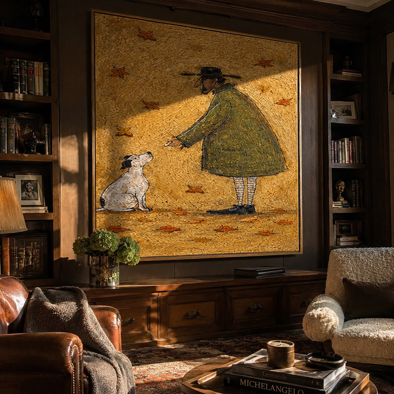 Leaves Fall Between – Olive Figure and White Dog painting by Hannah Brooks, minimalist figurative square wall art – styled room scene view 2