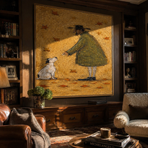 Leaves Fall Between – Olive Figure and White Dog painting by Hannah Brooks, minimalist figurative square wall art – styled room scene view 2