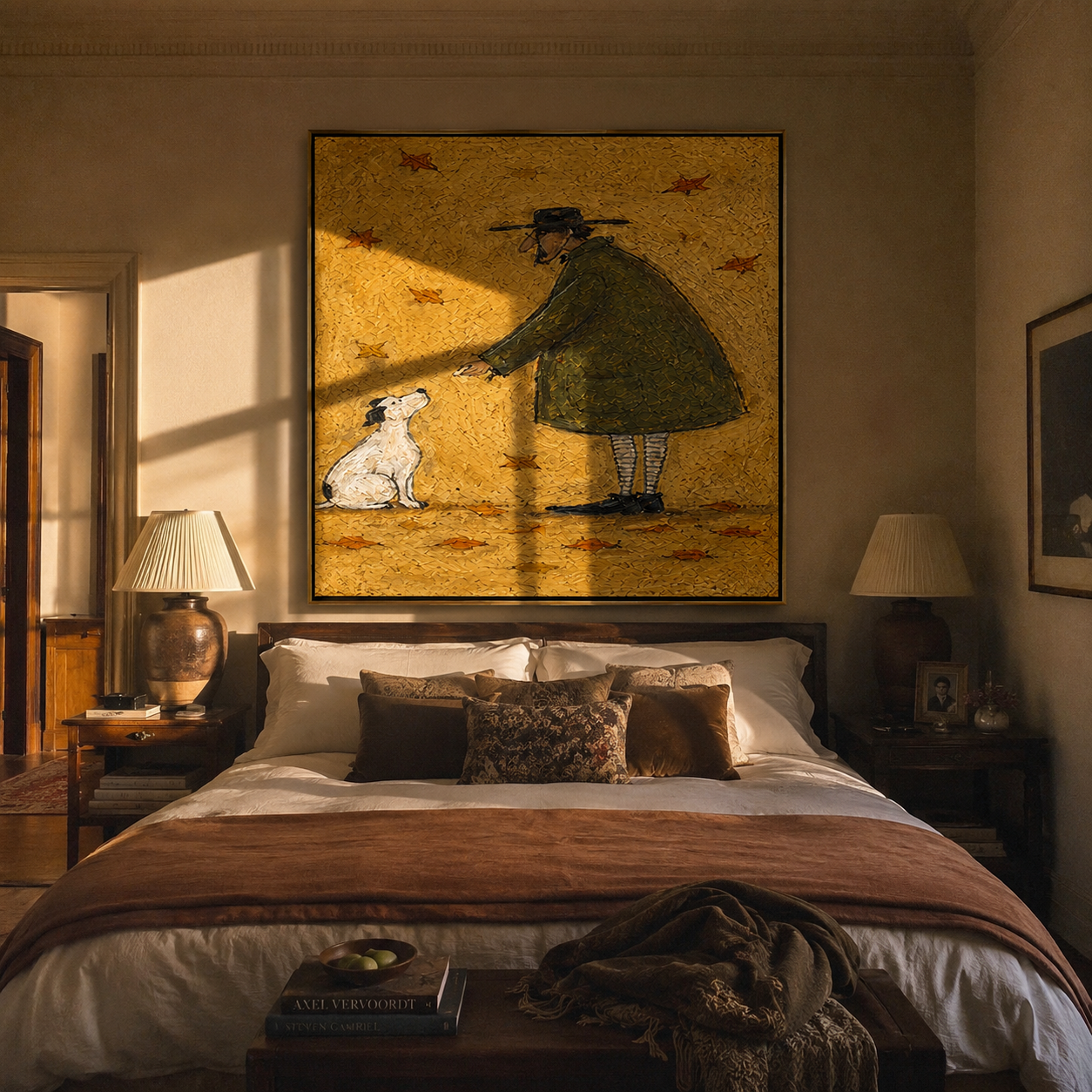 Leaves Fall Between – Olive Figure and White Dog painting by Hannah Brooks, minimalist figurative square wall art – styled room scene view 3