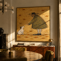 Leaves Fall Between – Olive Figure and White Dog painting by Hannah Brooks, minimalist figurative square wall art – styled room scene view 4