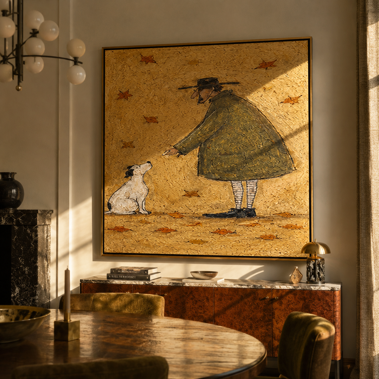 Leaves Fall Between – Olive Figure and White Dog painting by Hannah Brooks, minimalist figurative square wall art – styled room scene view 4