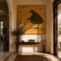 Leaves Fall Between – Olive Figure and White Dog painting by Hannah Brooks, minimalist figurative square wall art – styled room scene view 5