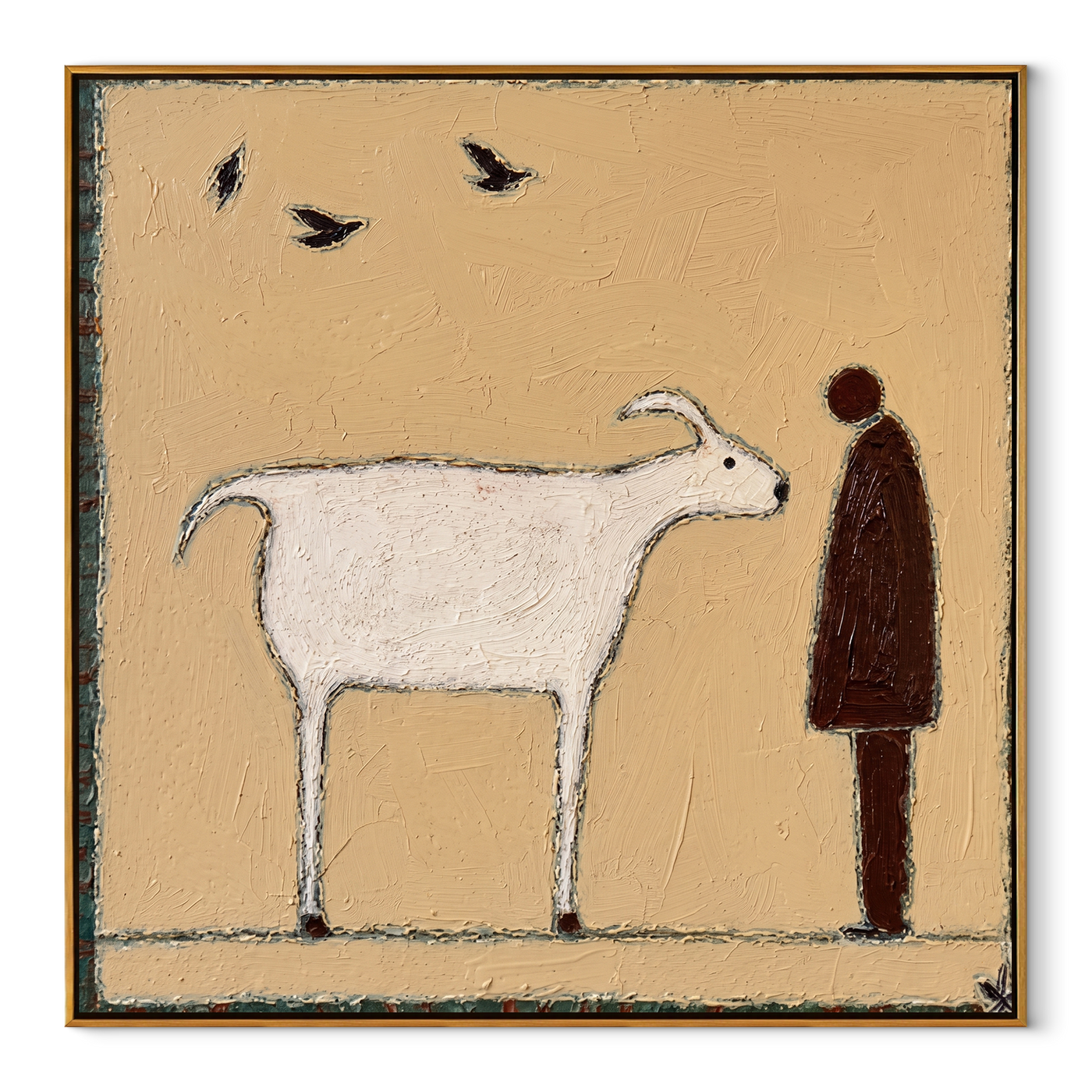 Birds Cross Their Meeting – White Goat and Brown Figure painting by Hannah Brooks, minimalist figurative square wall art – wood frame on white background