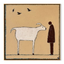 Birds Cross Their Meeting – White Goat and Brown Figure painting by Hannah Brooks, minimalist figurative square wall art – wood frame on white background