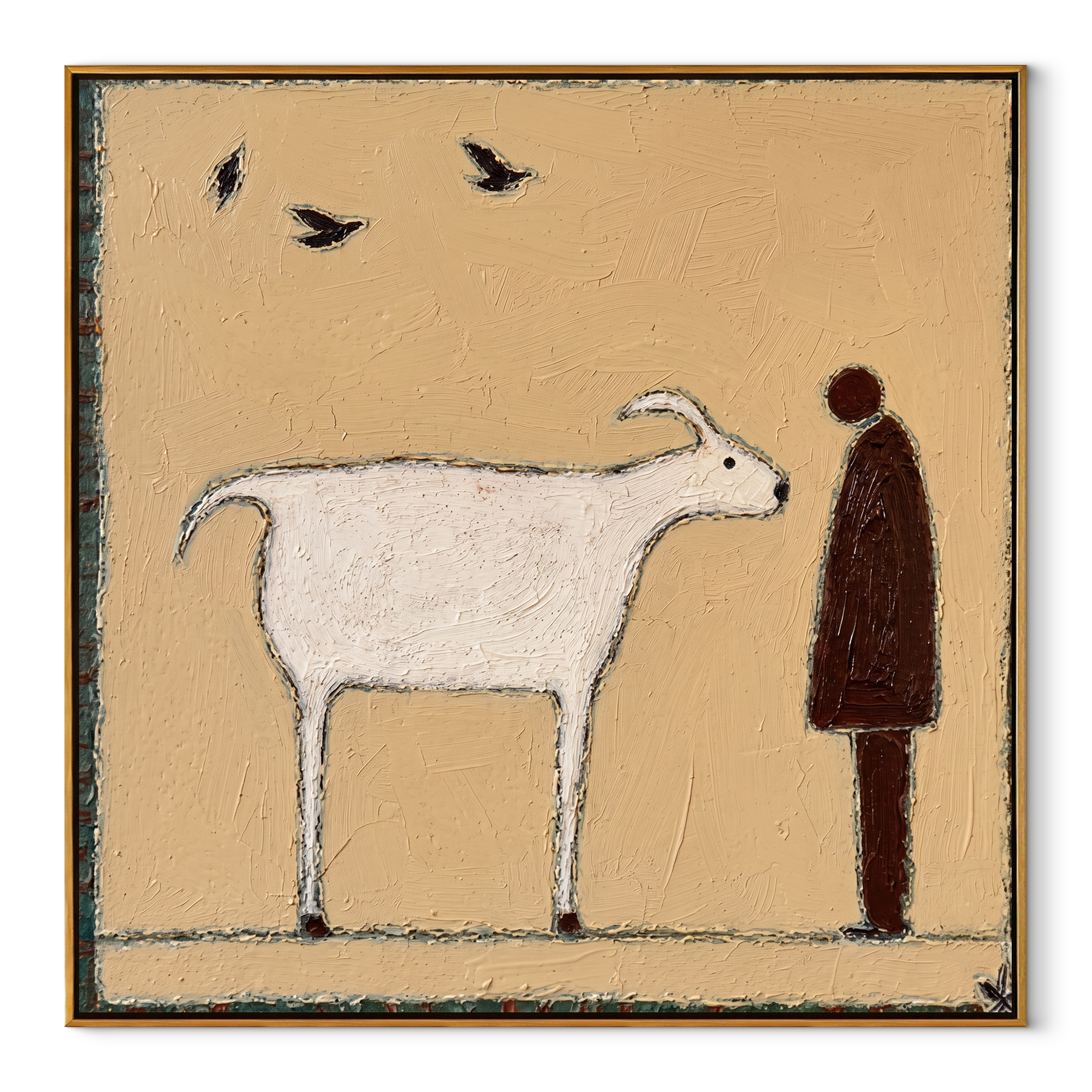 Birds Cross Their Meeting – White Goat and Brown Figure painting by Hannah Brooks, minimalist figurative square wall art – wood frame on white background
