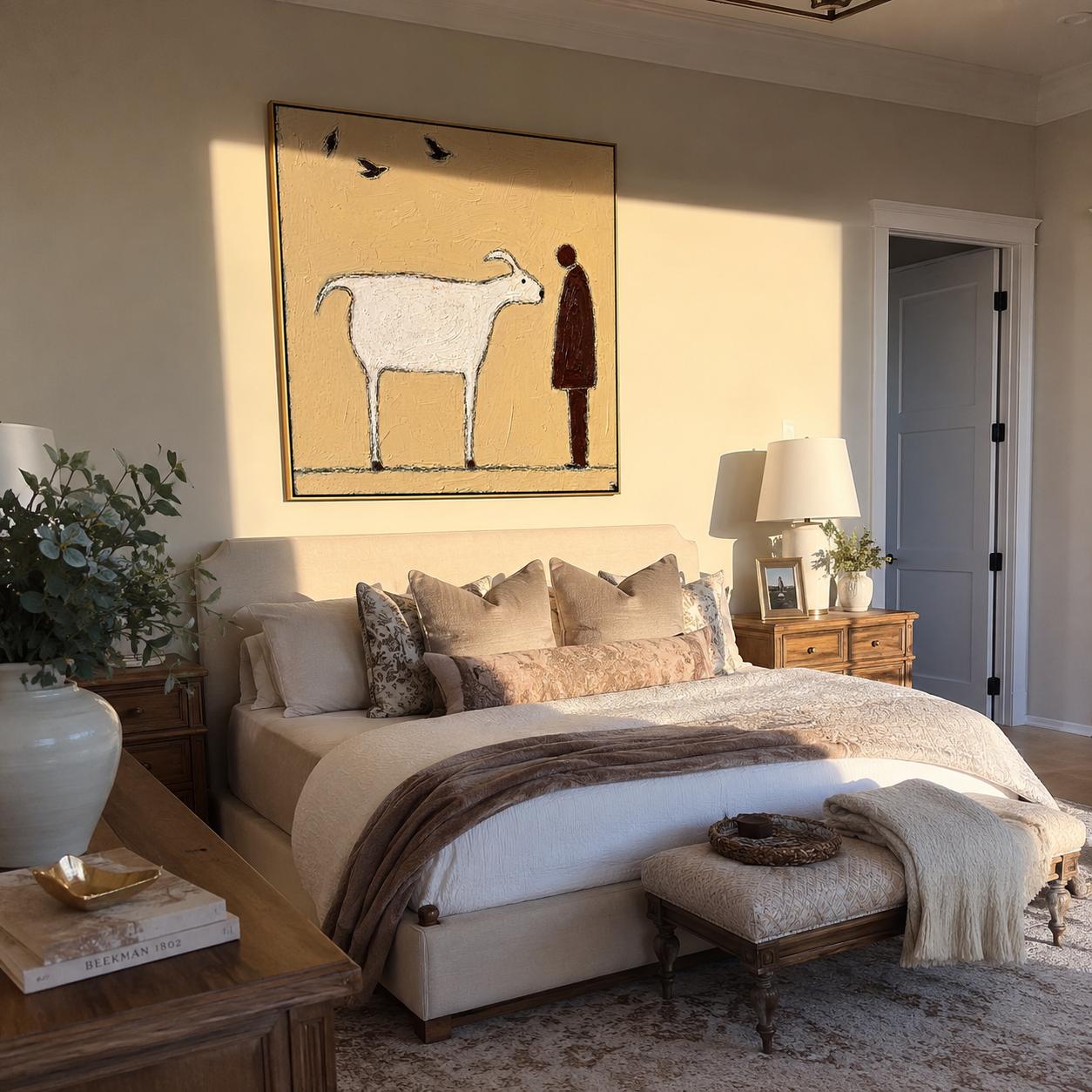Birds Cross Their Meeting – White Goat and Brown Figure painting by Hannah Brooks, minimalist figurative square wall art – styled room scene view 2