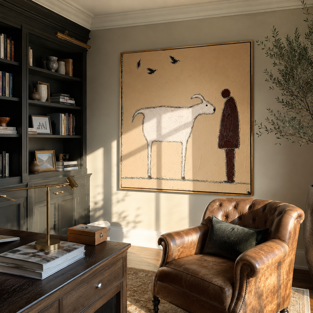 Birds Cross Their Meeting – White Goat and Brown Figure painting by Hannah Brooks, minimalist figurative square wall art – styled room scene view 3
