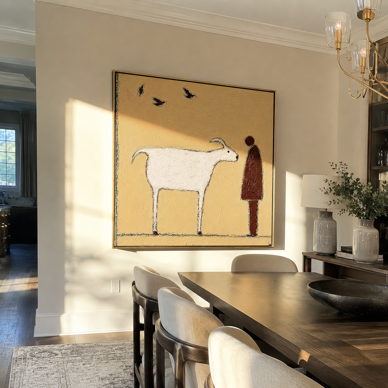 Birds Cross Their Meeting – White Goat and Brown Figure painting by Hannah Brooks, minimalist figurative square wall art – styled room scene view 5