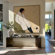 White Sleeves Rest – White Sweater and Small Dog painting by Hannah Brooks, minimalist figurative square wall art – styled room scene view 1