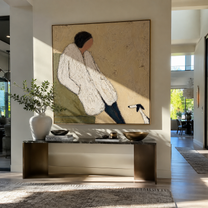 White Sleeves Rest – White Sweater and Small Dog painting by Hannah Brooks, minimalist figurative square wall art – styled room scene view 1