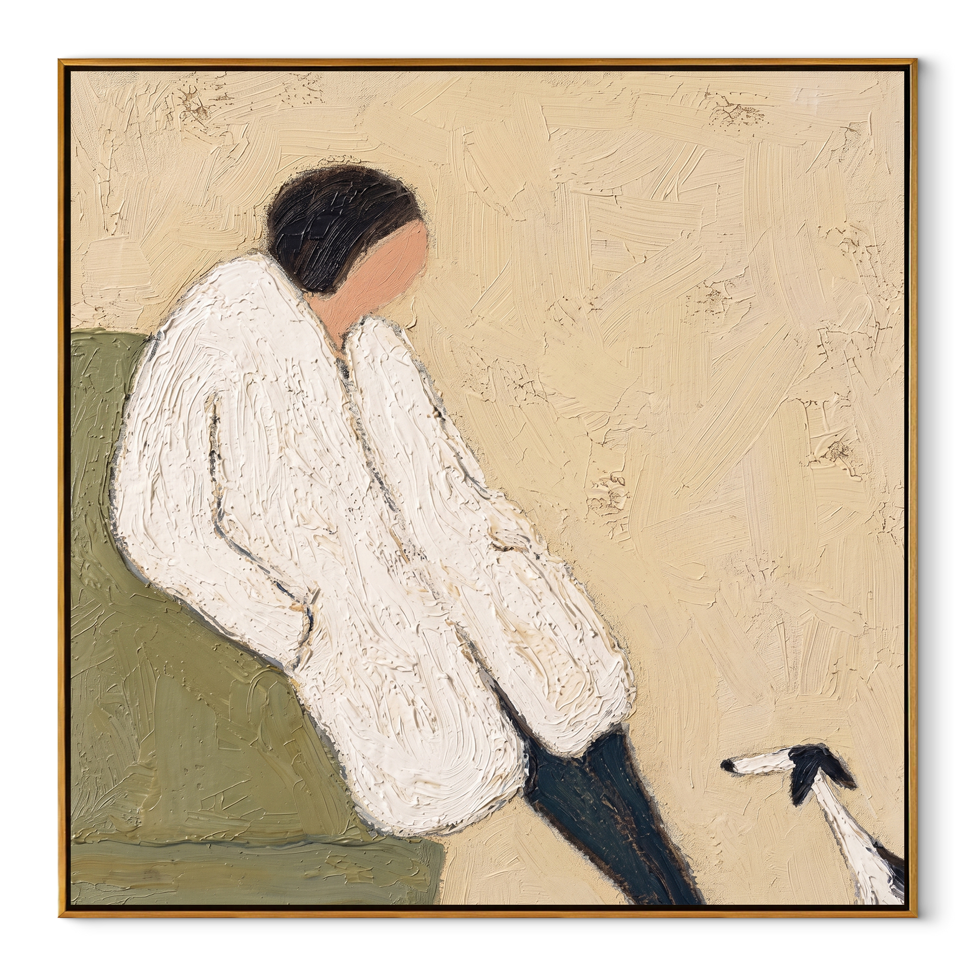 White Sleeves Rest – White Sweater and Small Dog painting by Hannah Brooks, minimalist figurative square wall art – wood frame on white background