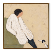White Sleeves Rest – White Sweater and Small Dog painting by Hannah Brooks, minimalist figurative square wall art – wood frame on white background