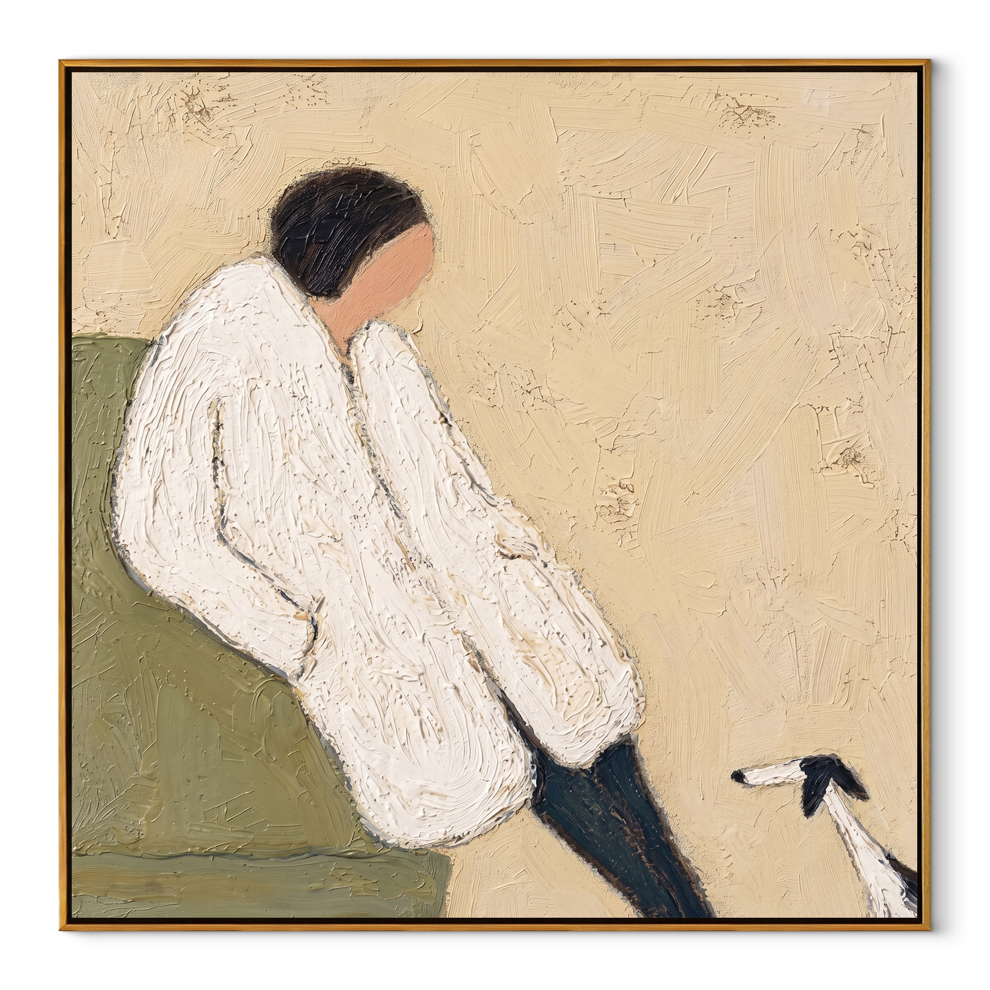 White Sleeves Rest – White Sweater and Small Dog painting by Hannah Brooks, minimalist figurative square wall art – wood frame on white background