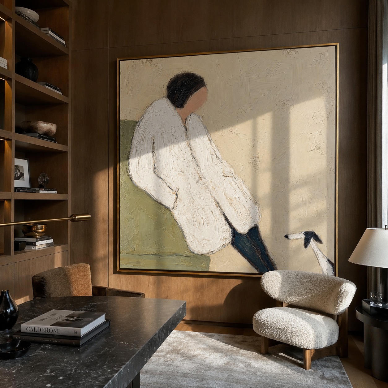 White Sleeves Rest – White Sweater and Small Dog painting by Hannah Brooks, minimalist figurative square wall art – styled room scene view 2