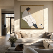 White Sleeves Rest – White Sweater and Small Dog painting by Hannah Brooks, minimalist figurative square wall art – styled room scene view 3
