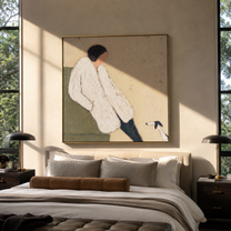 White Sleeves Rest – White Sweater and Small Dog painting by Hannah Brooks, minimalist figurative square wall art – styled room scene view 4