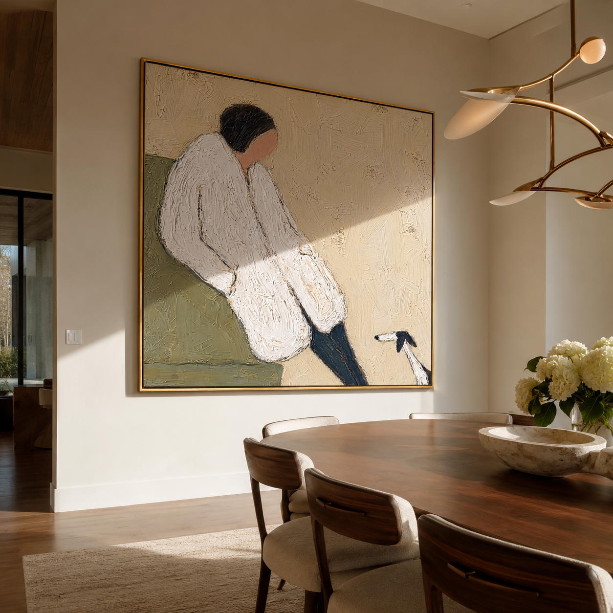 White Sleeves Rest – White Sweater and Small Dog painting by Hannah Brooks, minimalist figurative square wall art – styled room scene view 5