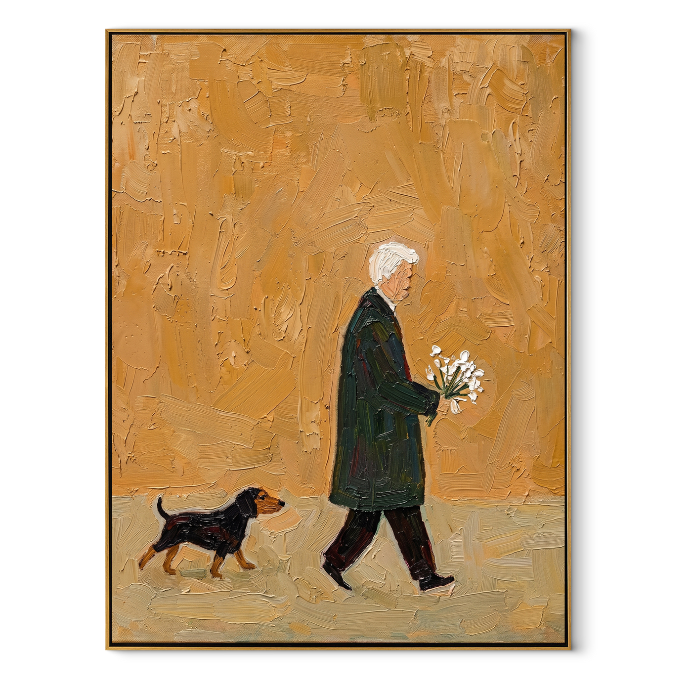 Bouquet Walks Home – Ochre Flower Carrier and Dog painting by Hannah Brooks, minimalist figurative vertical wall art – wood frame on white background