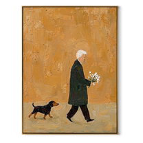 Bouquet Walks Home – Ochre Flower Carrier and Dog painting by Hannah Brooks, minimalist figurative vertical wall art – wood frame on white background