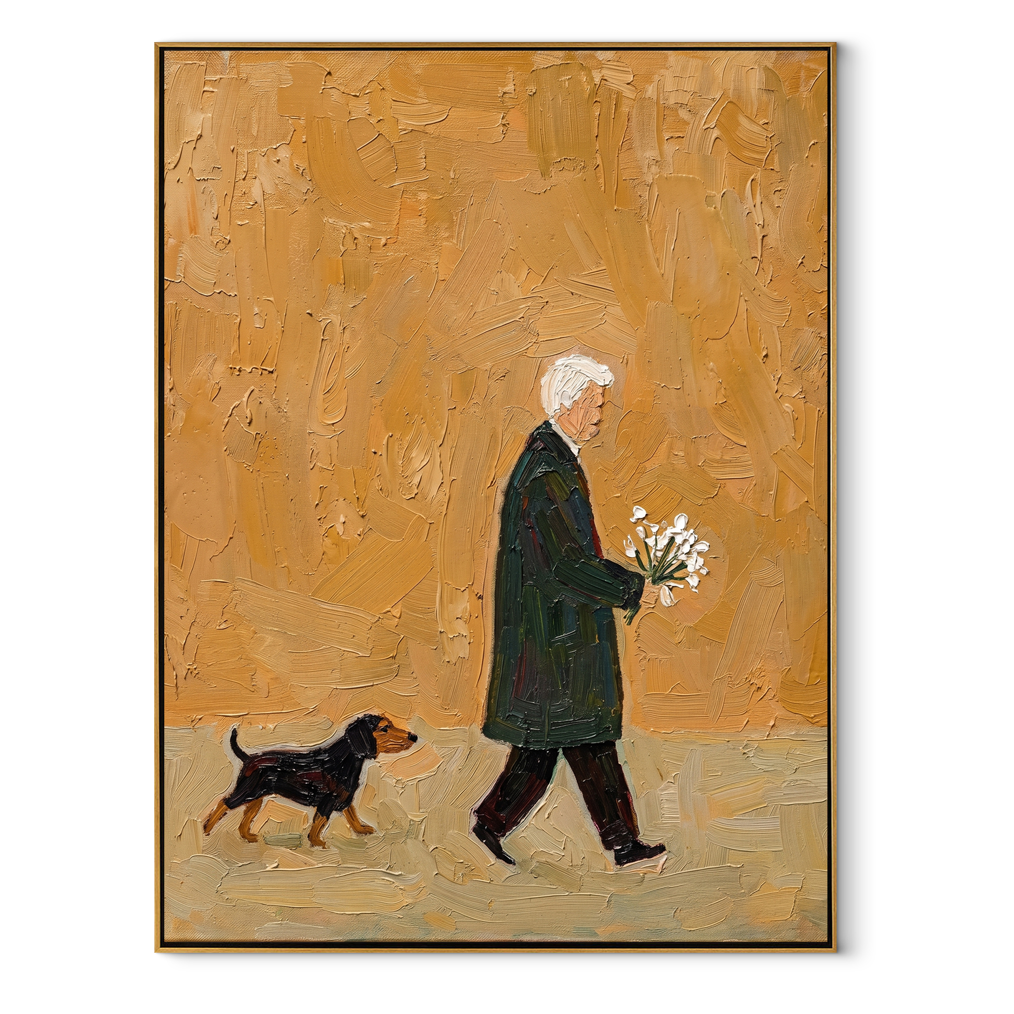 Bouquet Walks Home – Ochre Flower Carrier and Dog painting by Hannah Brooks, minimalist figurative vertical wall art – wood frame on white background