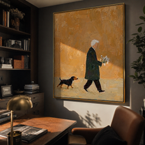Bouquet Walks Home – Ochre Flower Carrier and Dog painting by Hannah Brooks, minimalist figurative vertical wall art – styled room scene view 2