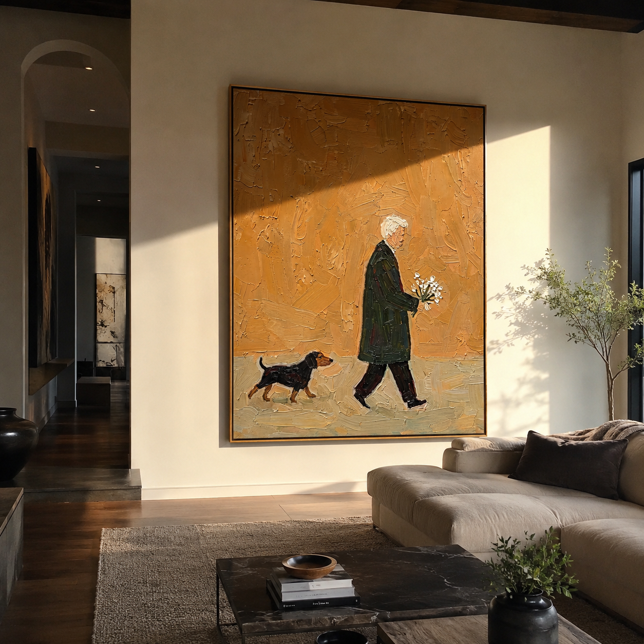 Bouquet Walks Home – Ochre Flower Carrier and Dog painting by Hannah Brooks, minimalist figurative vertical wall art – styled room scene view 3