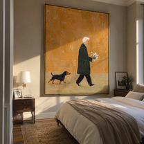 Bouquet Walks Home – Ochre Flower Carrier and Dog painting by Hannah Brooks, minimalist figurative vertical wall art – styled room scene view 4