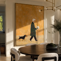 Bouquet Walks Home – Ochre Flower Carrier and Dog painting by Hannah Brooks, minimalist figurative vertical wall art – styled room scene view 5