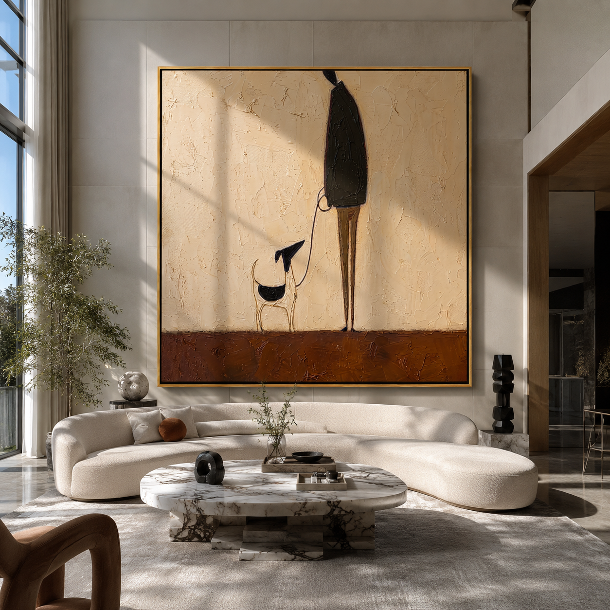 Long Shadows Keep Step – Tall Figure and Black Dog painting by Hannah Brooks, minimalist figurative square wall art – styled room scene view 1