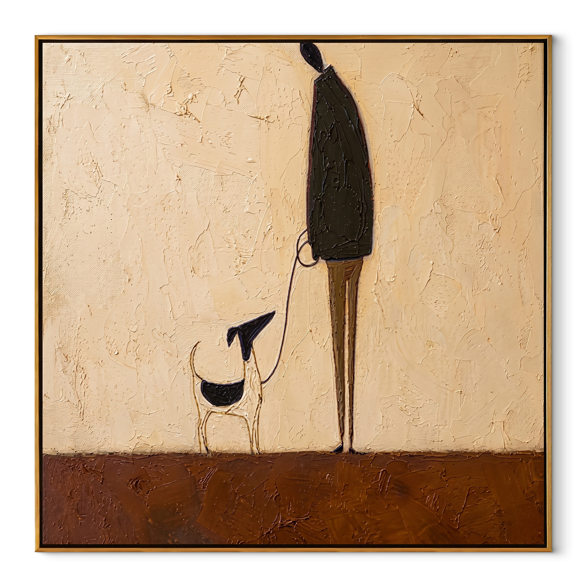 Long Shadows Keep Step – Tall Figure and Black Dog painting by Hannah Brooks, minimalist figurative square wall art – wood frame on white background