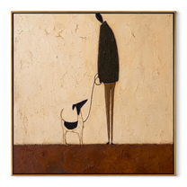 Long Shadows Keep Step – Tall Figure and Black Dog painting by Hannah Brooks, minimalist figurative square wall art – wood frame on white background