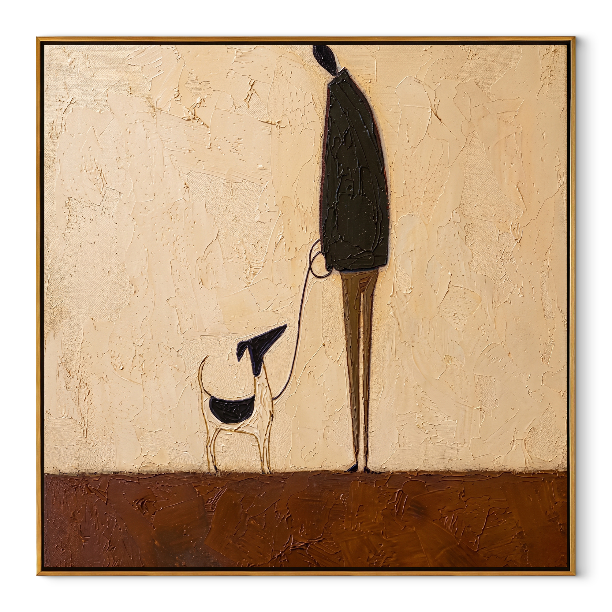 Long Shadows Keep Step – Tall Figure and Black Dog painting by Hannah Brooks, minimalist figurative square wall art – wood frame on white background
