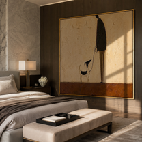 Long Shadows Keep Step – Tall Figure and Black Dog painting by Hannah Brooks, minimalist figurative square wall art – styled room scene view 2