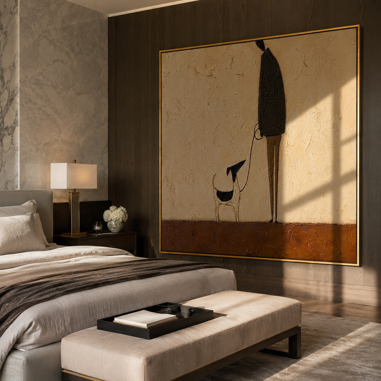 Long Shadows Keep Step – Tall Figure and Black Dog painting by Hannah Brooks, minimalist figurative square wall art – styled room scene view 2