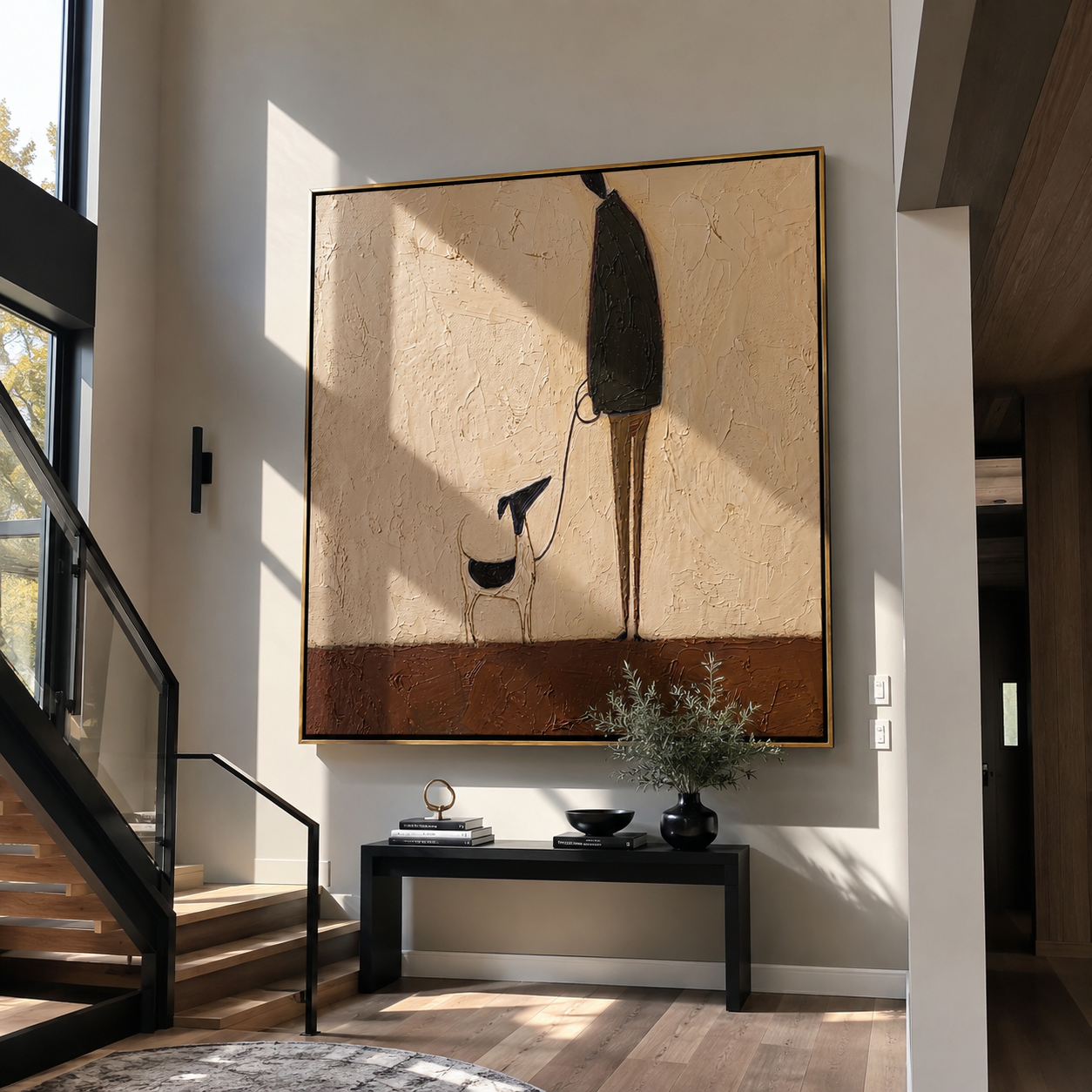 Long Shadows Keep Step – Tall Figure and Black Dog painting by Hannah Brooks, minimalist figurative square wall art – styled room scene view 4