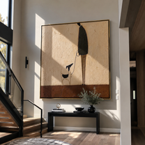 Long Shadows Keep Step – Tall Figure and Black Dog painting by Hannah Brooks, minimalist figurative square wall art – styled room scene view 4
