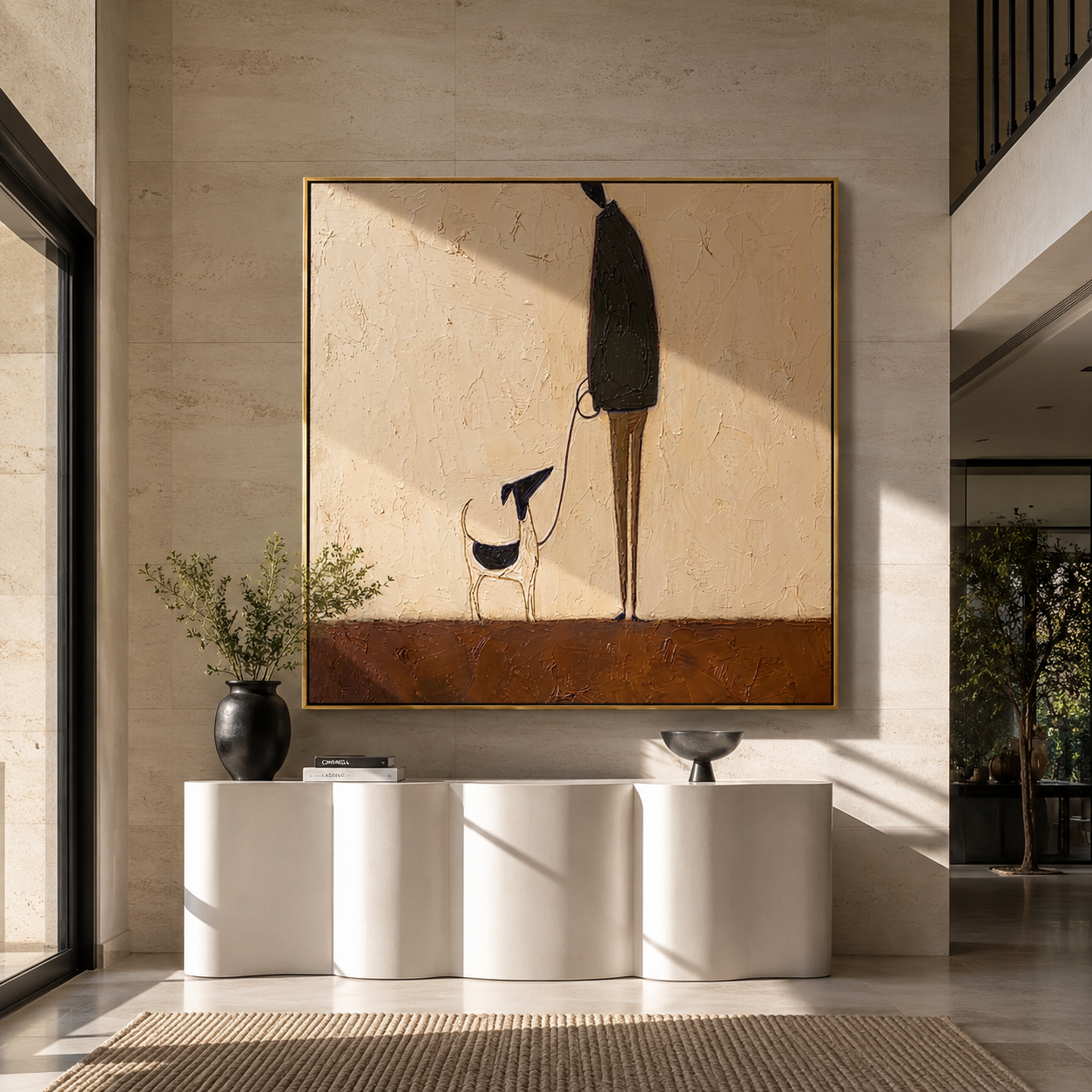 Long Shadows Keep Step – Tall Figure and Black Dog painting by Hannah Brooks, minimalist figurative square wall art – styled room scene view 5
