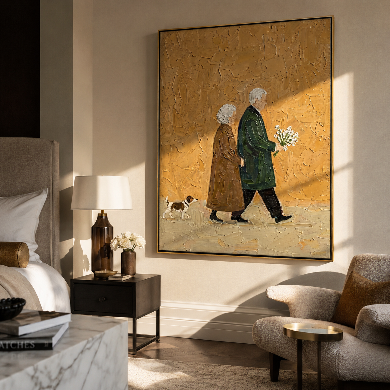Years Walk Together – Older Couple and Spotted Dog painting by Hannah Brooks, minimalist figurative vertical wall art – styled room scene view 1