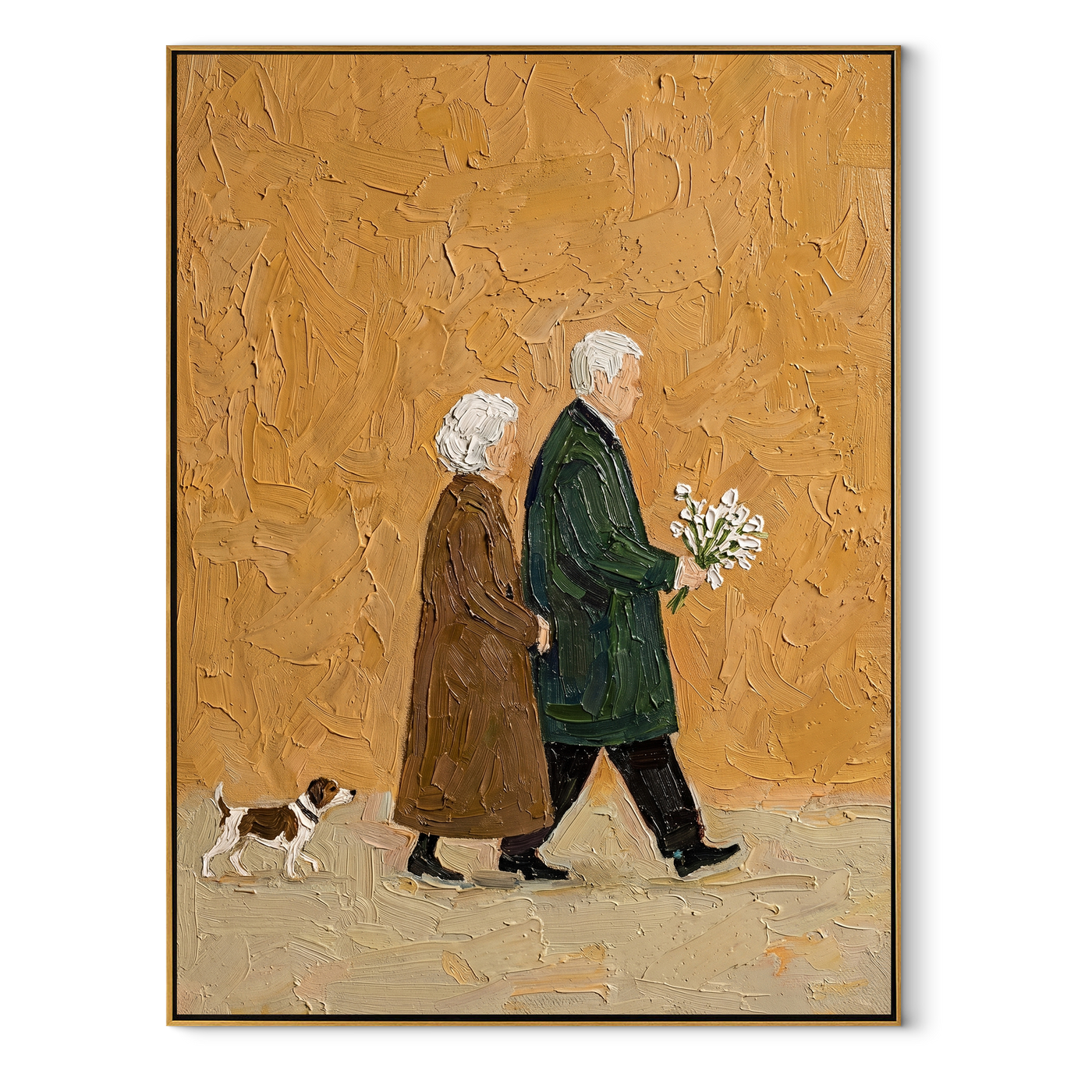 Years Walk Together – Older Couple and Spotted Dog painting by Hannah Brooks, minimalist figurative vertical wall art – wood frame on white background